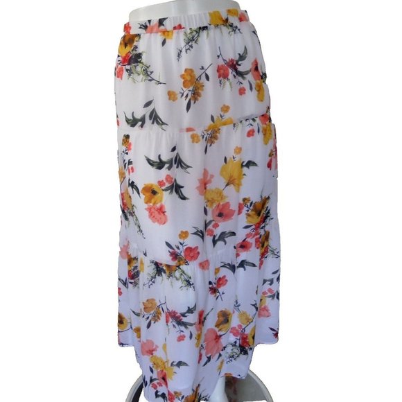 "LOFT" WHITE MULTICOLOR FLORAL PRINT CASUAL BOHO MAXI TIERED SKIRT SIZE: S NWT - Picture 2 of 3